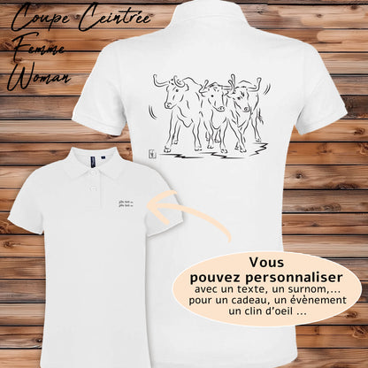 Taureaux, vachettes , course camarguaise , féria, bodega , Camargue, graphisme sur polo blanc femme à personnaliser avec du texte. Création Virginie Linard ©.