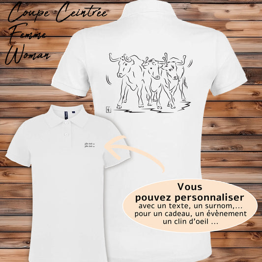 Taureaux, vachettes , course camarguaise , féria, bodega , Camargue, graphisme sur polo blanc femme à personnaliser avec du texte. Création Virginie Linard ©.