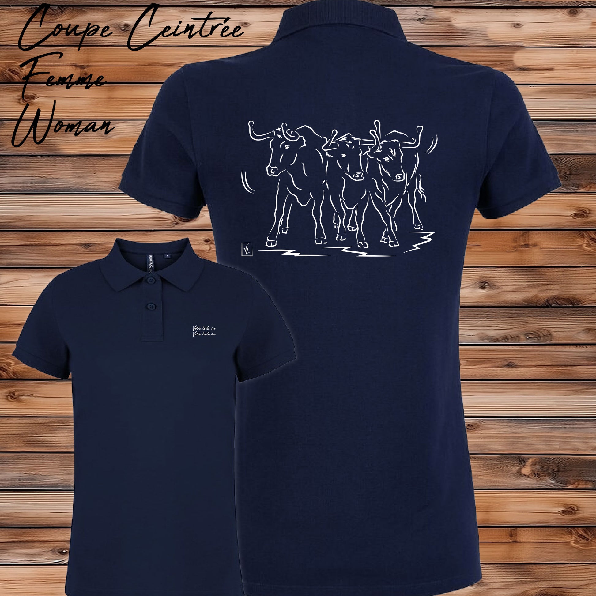 Taureaux, vachettes , course camarguaise , féria, bodega , Camargue, graphisme sur polo bleu femme à personnaliser avec du texte. Création Virginie Linard ©.