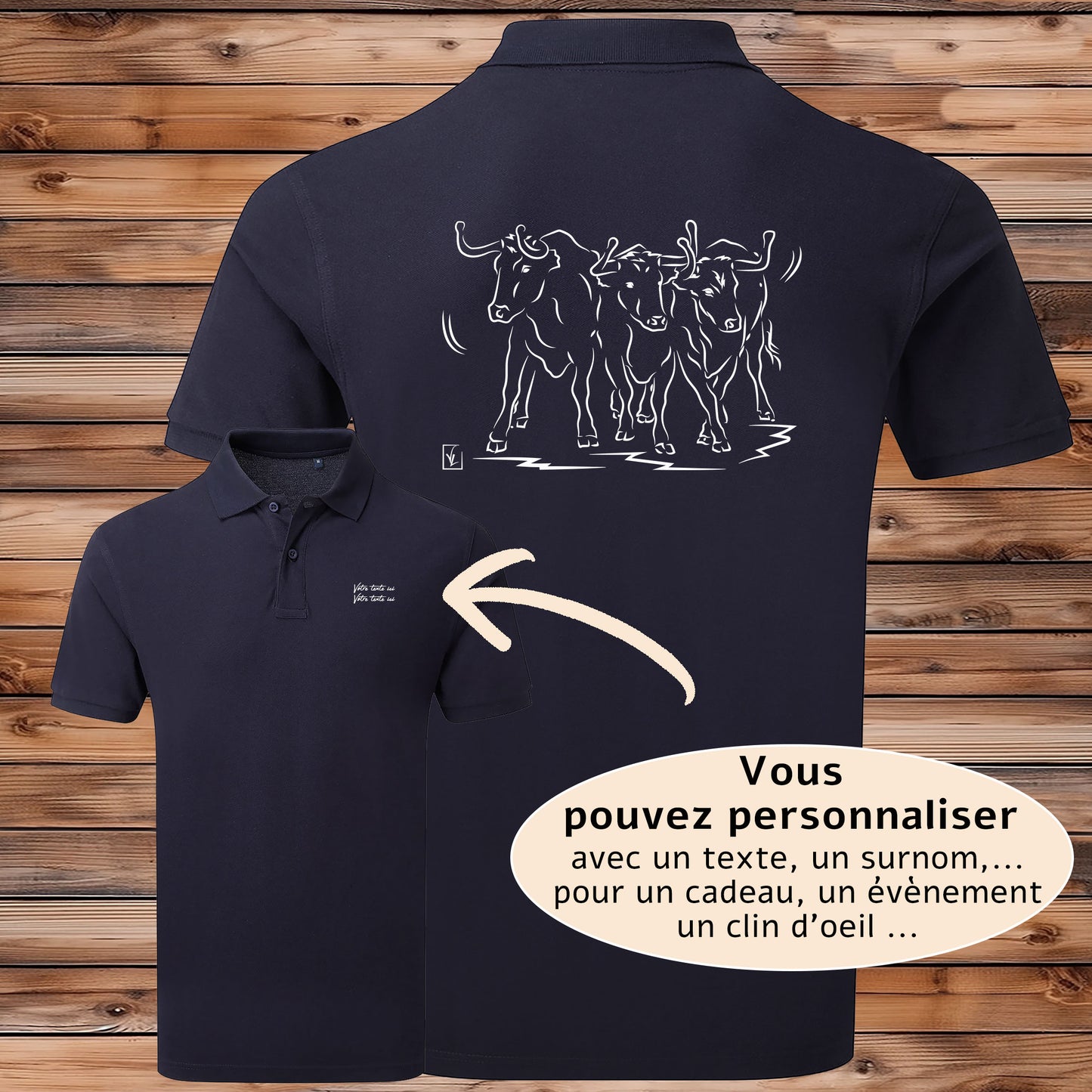Taureaux, vachettes , course camarguaise , féria, bodega , Camargue, graphisme sur polo bleu homme à personnaliser avec du texte. Création Virginie Linard ©.
