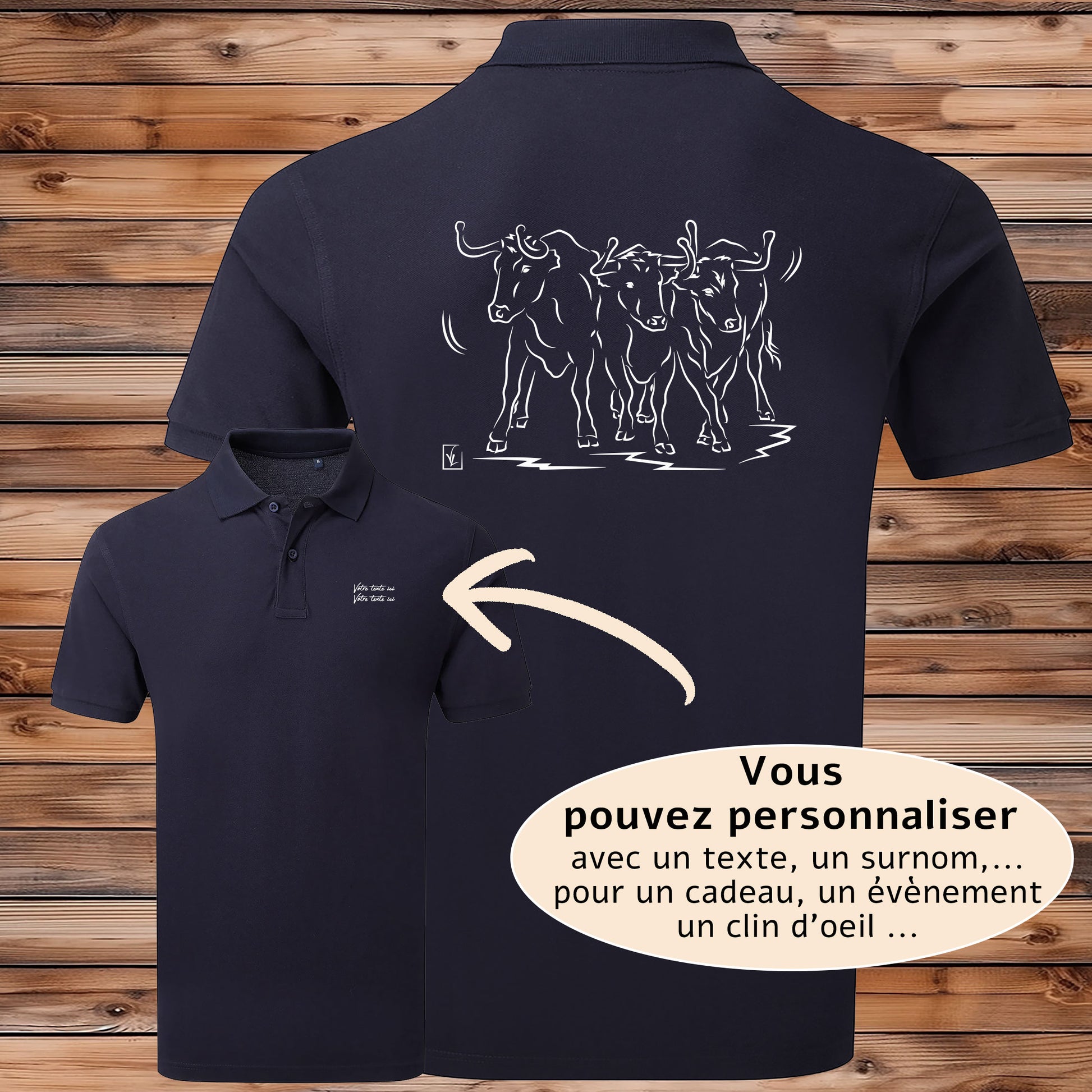 Taureaux, vachettes , course camarguaise , féria, bodega , Camargue, graphisme sur polo bleu homme à personnaliser avec du texte. Création Virginie Linard ©.
