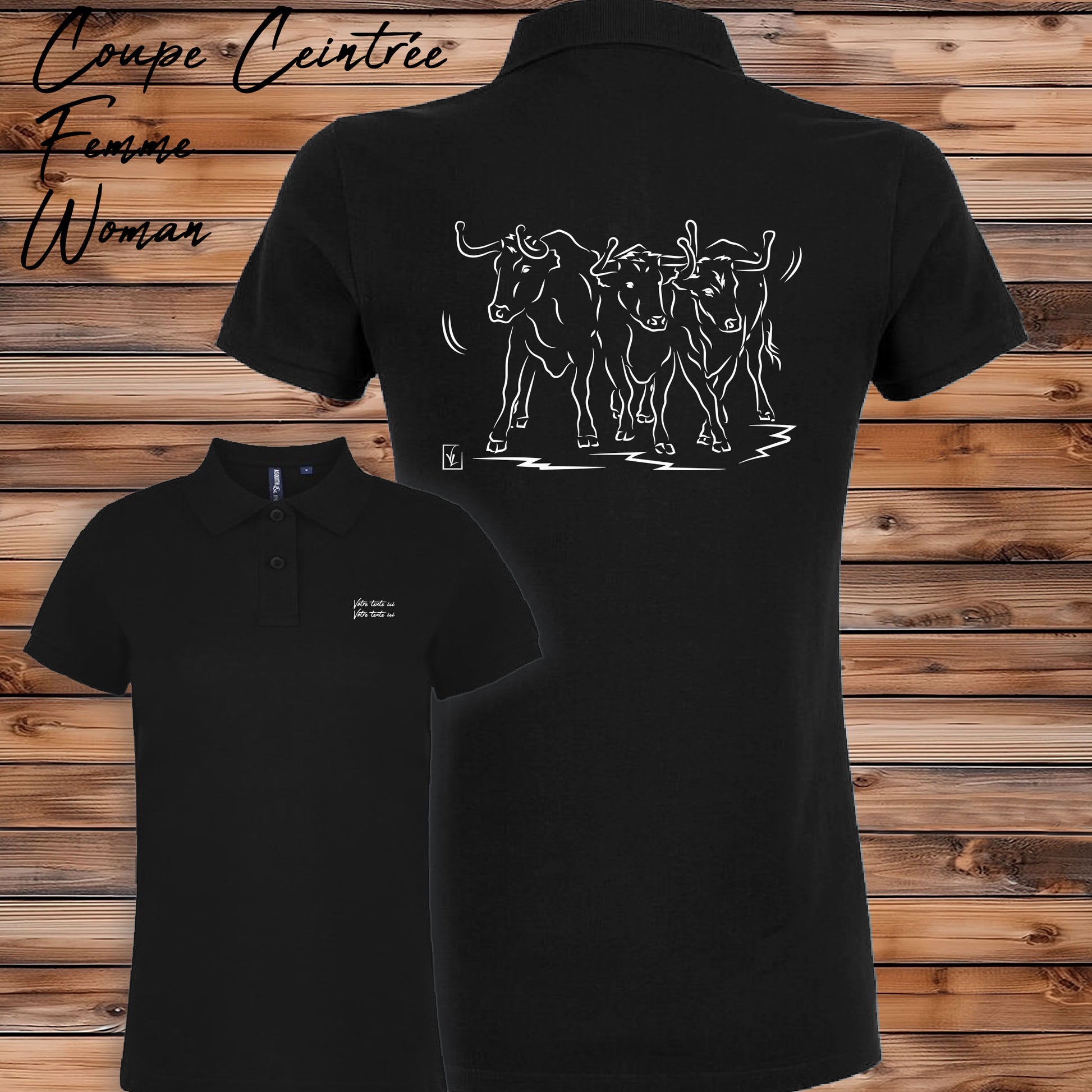 Taureaux, vachettes , course camarguaise , féria, bodega , Camargue, graphisme sur polo noir femme à personnaliser avec du texte. Création Virginie Linard ©.