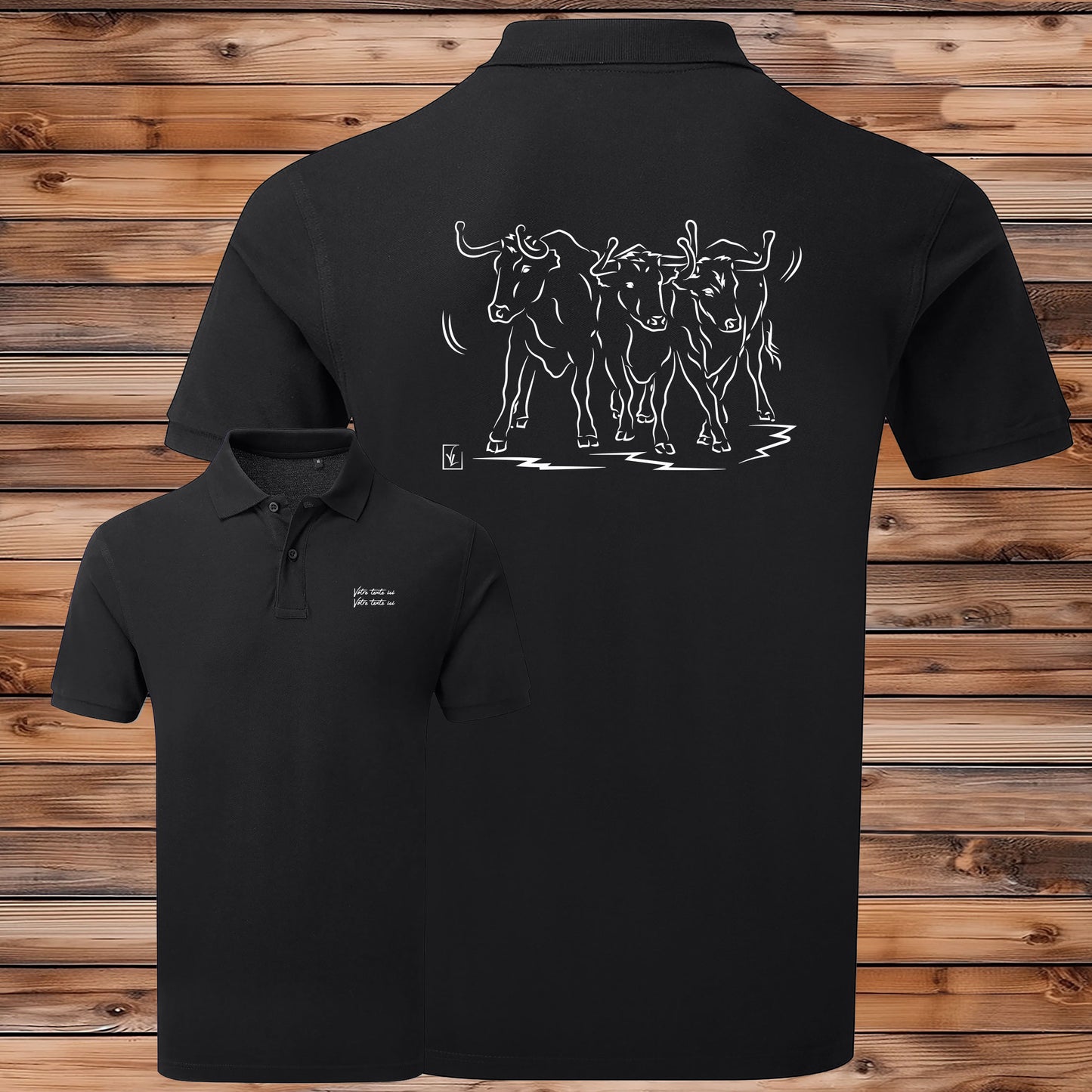 Taureaux, vachettes , course camarguaise , féria, bodega , Camargue, graphisme sur polo noir homme à personnaliser avec du texte. Création Virginie Linard ©.