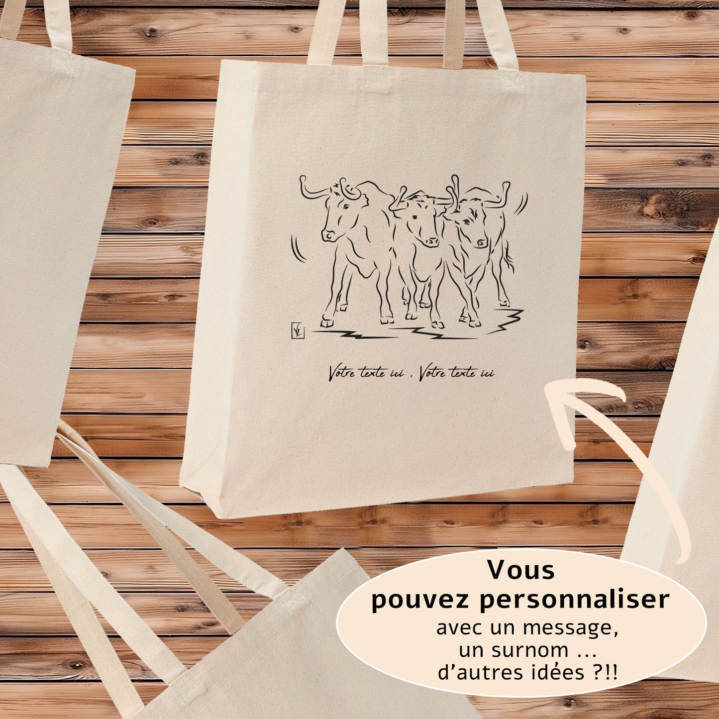 Taureaux, vachettes , course camarguaise , féria, bodega , Camargue, graphisme sur sac tote-bag beige à personnaliser avec du texte. Création Virginie Linard ©.