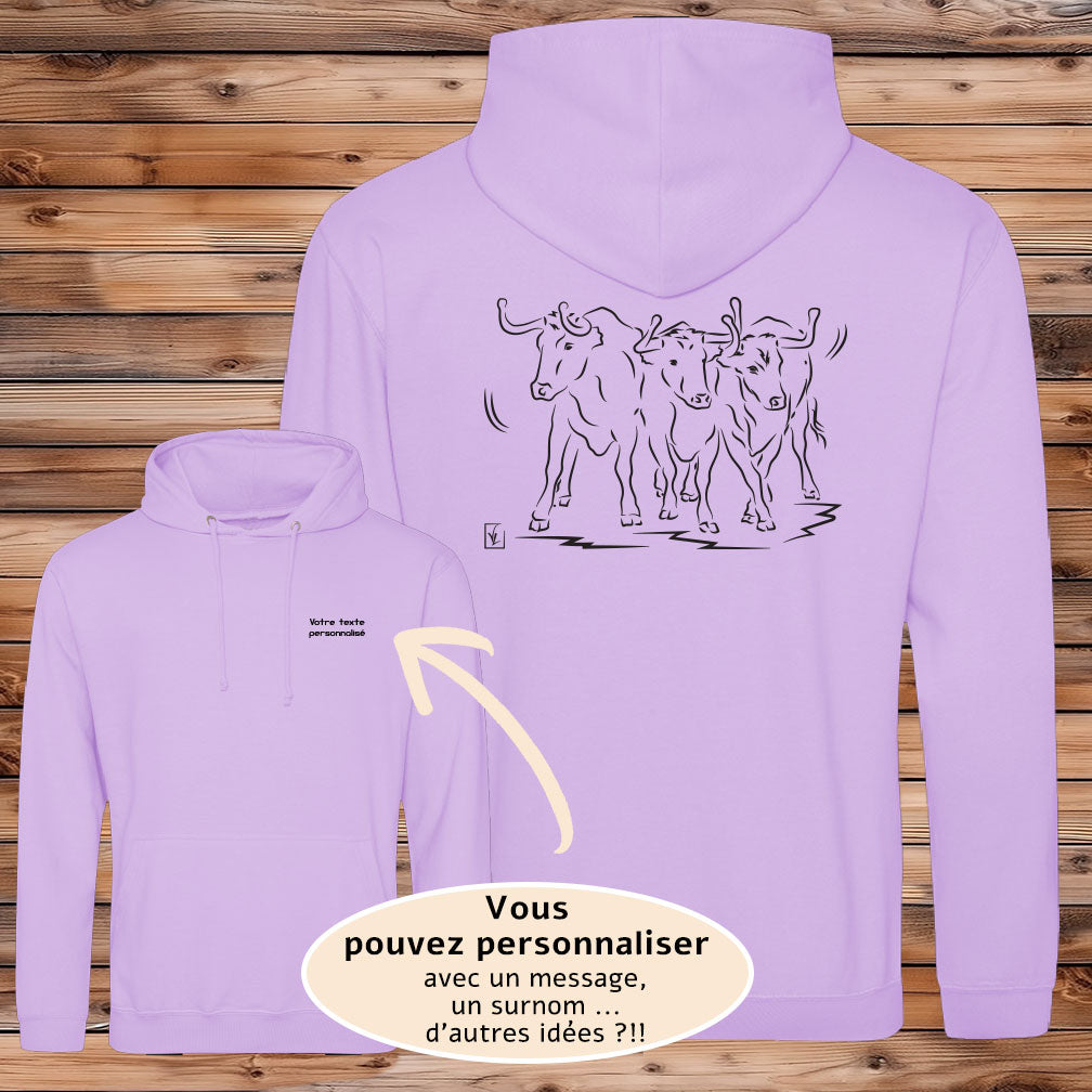 Vachettes taureaux course camarguaise féria bandido manade Graphisme sur Sweat-shirt à personnaliser avec du texte. Création Virginie Linard ©.