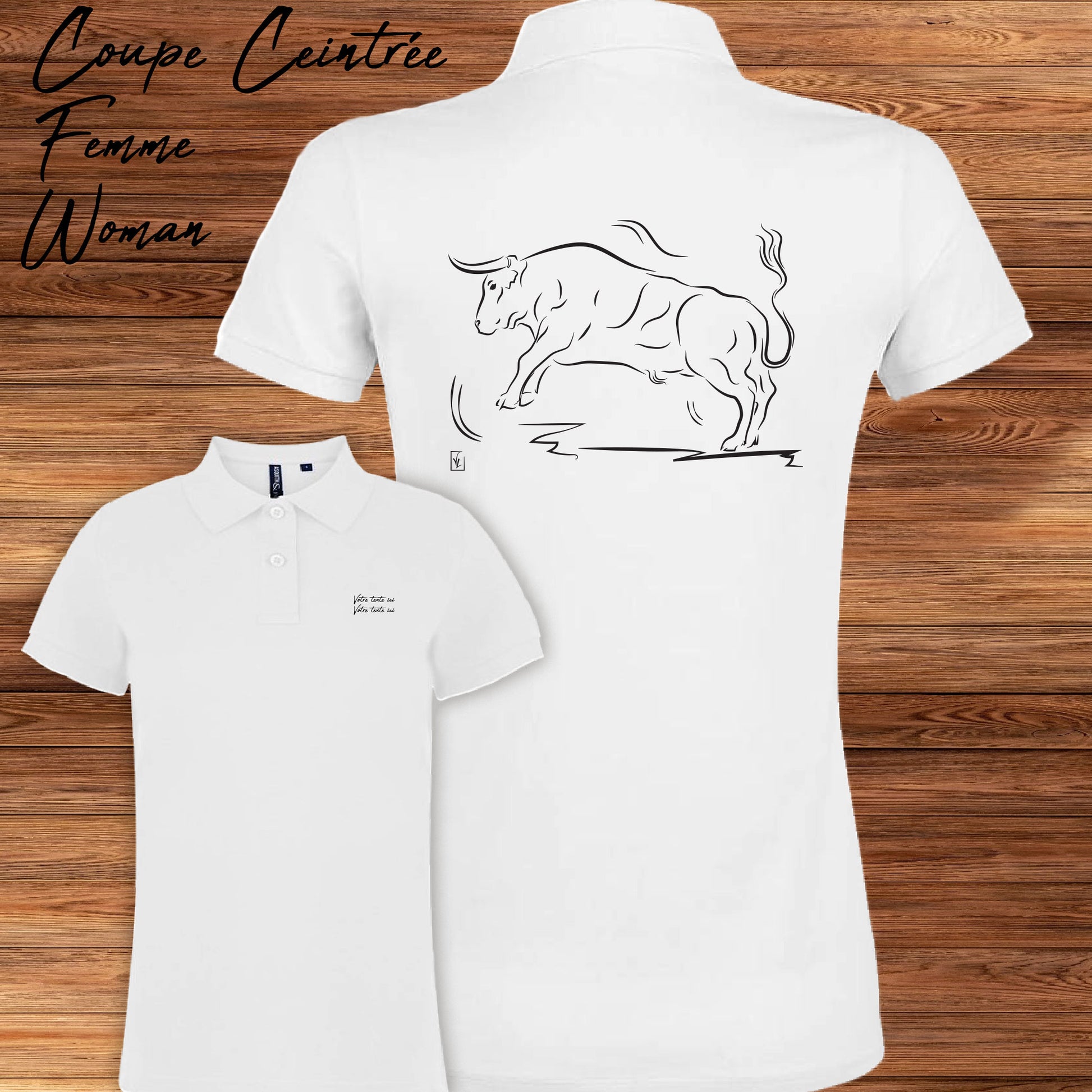 Taureau corrida tauromachie Camargue, graphisme sur polo blanc femme à personnaliser avec du texte. Création Virginie Linard ©.