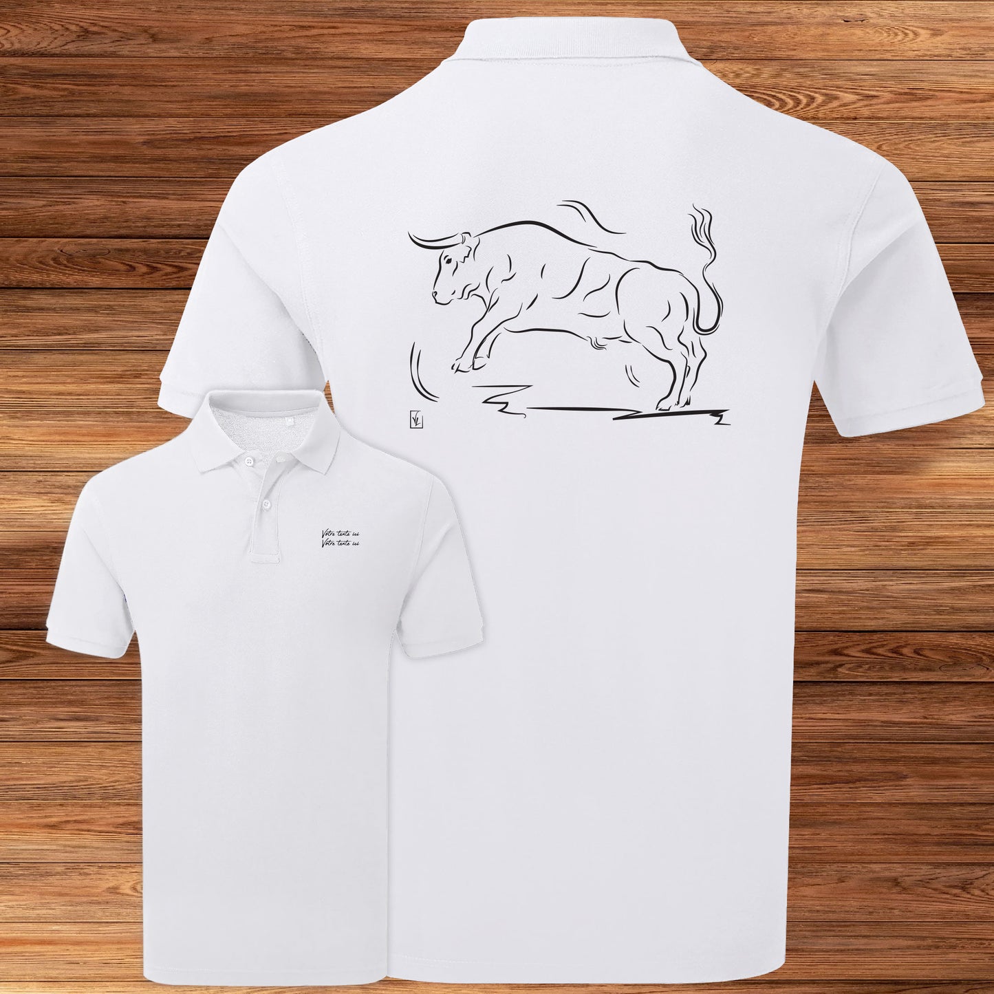 Taureau corrida tauromachie Camargue, graphisme sur polo blanc homme à personnaliser avec du texte. Création Virginie Linard ©.