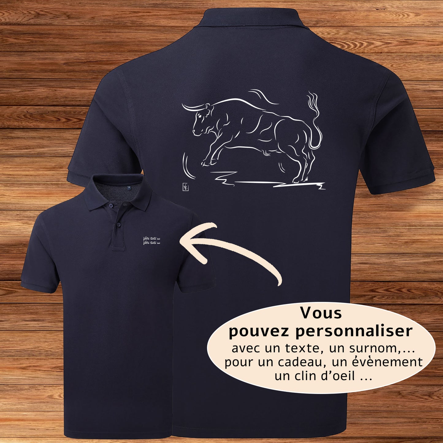 Taureau corrida tauromachie Camargue, graphisme sur polo bleu homme à personnaliser avec du texte. Création Virginie Linard ©.