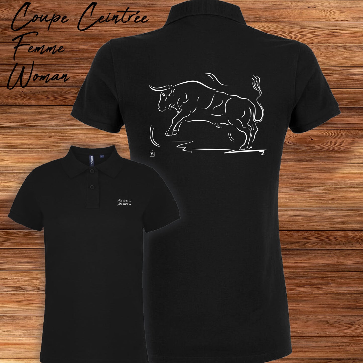 Taureau corrida tauromachie Camargue, graphisme sur polo noir femme à personnaliser avec du texte. Création Virginie Linard ©.