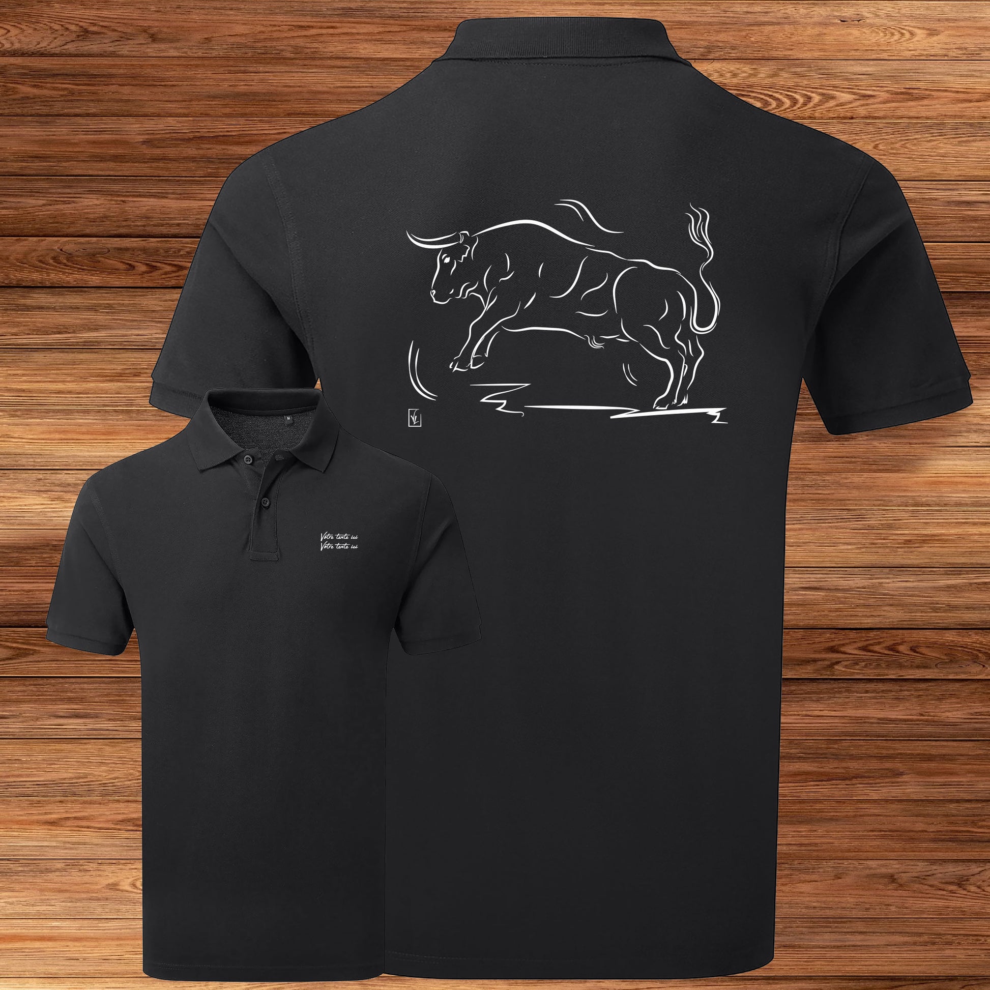 Taureau corrida tauromachie Camargue, graphisme sur polo noir homme à personnaliser avec du texte. Création Virginie Linard ©.