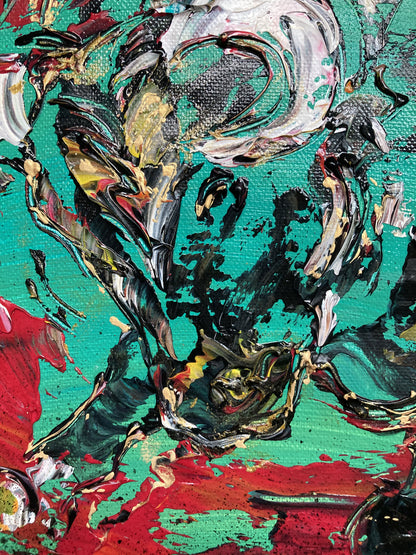 Tableau taureau et muleta. Peinture sur toile 30x30cm. Détail tête taureau. Peintre Virginie Linard ©.