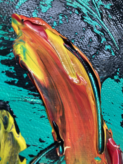 Tableau taureau et muleta. Peinture sur toile 30x30cm. Détail. Peintre Virginie Linard ©.