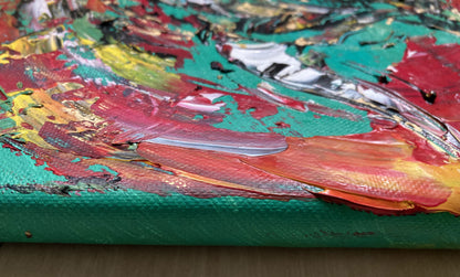 Tableau taureau et muleta. Peinture sur toile 30x30cm. Détail toile. Peintre Virginie Linard ©.