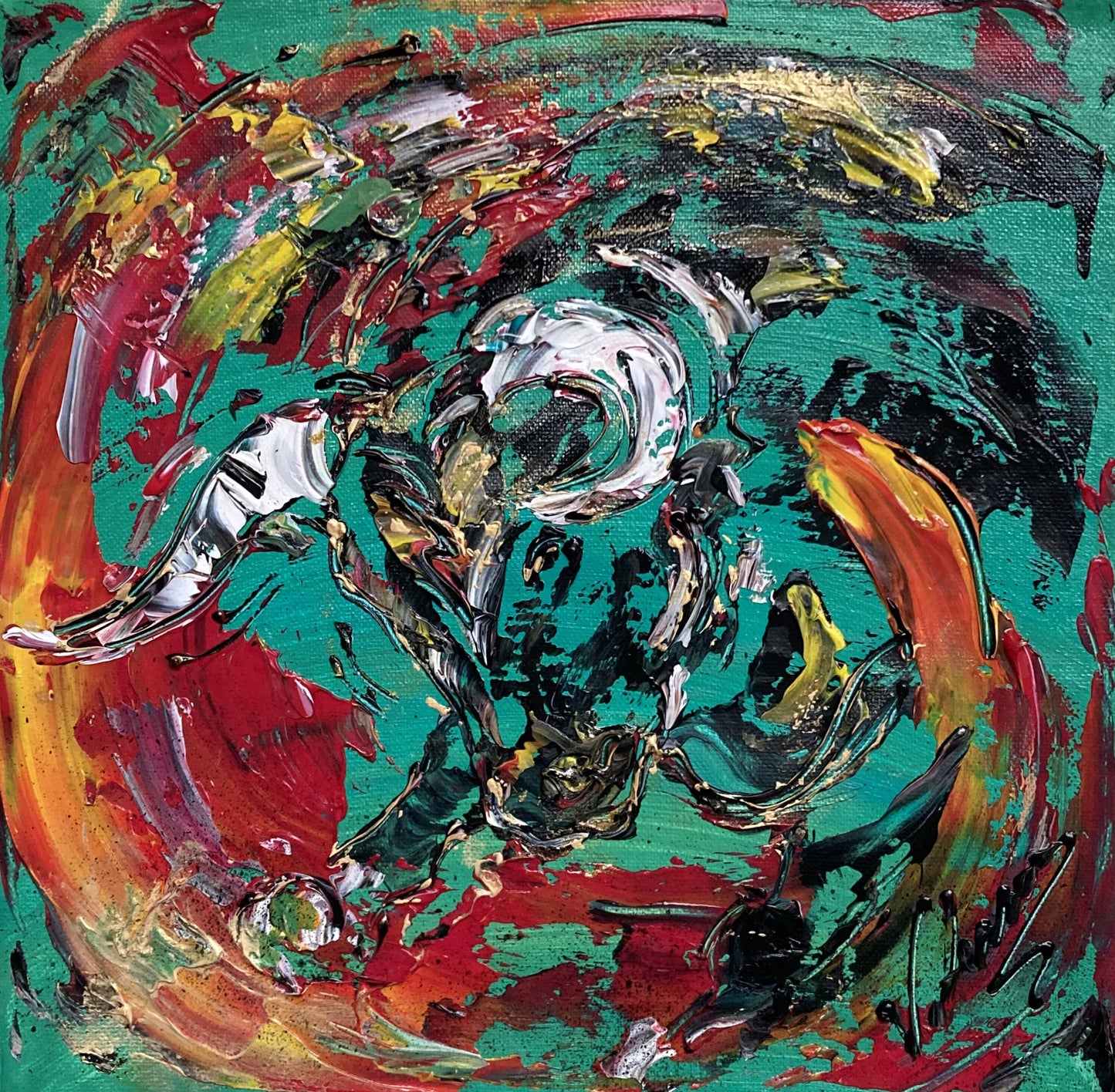 Tableau taureau et muleta. Peinture sur toile 30x30cm. Peintre Virginie Linard ©.