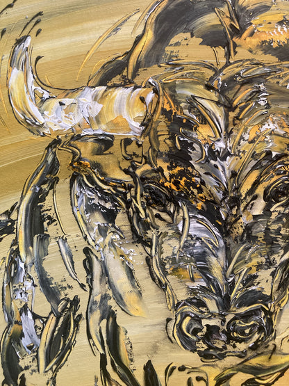 Tableau, taureau de combat espagnol, corrida, tauromachie. Peinture sur toile format 70x70cm. Création Virginie Linard ©.