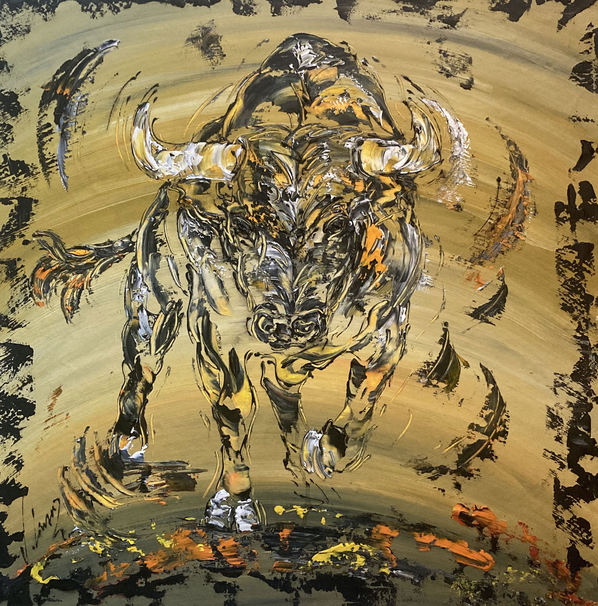 Tableau, taureau de combat espagnol, corrida, tauromachie. Peinture sur toile format 70x70cm. Création Virginie Linard ©.