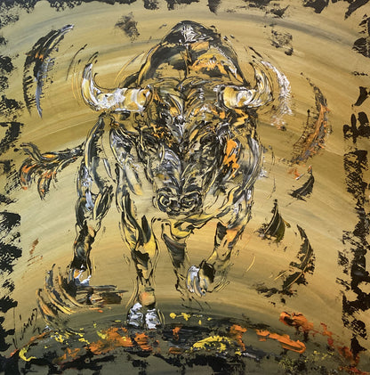 Tableau, taureau de combat espagnol, corrida, tauromachie. Peinture sur toile format 70x70cm. Création Virginie Linard ©.
