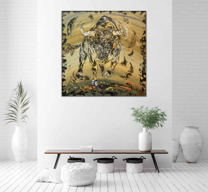 Tableau, taureau de combat espagnol, corrida, tauromachie. Peinture sur toile format 70x70cm. Création Virginie Linard ©.