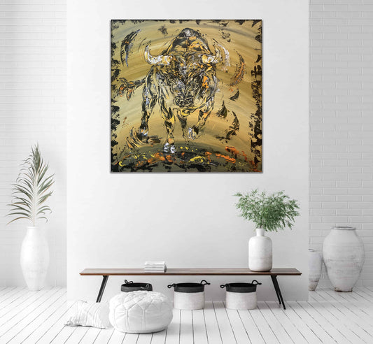 Tableau, taureau de combat espagnol, corrida, tauromachie. Peinture sur toile format 70x70cm. Création Virginie Linard ©.