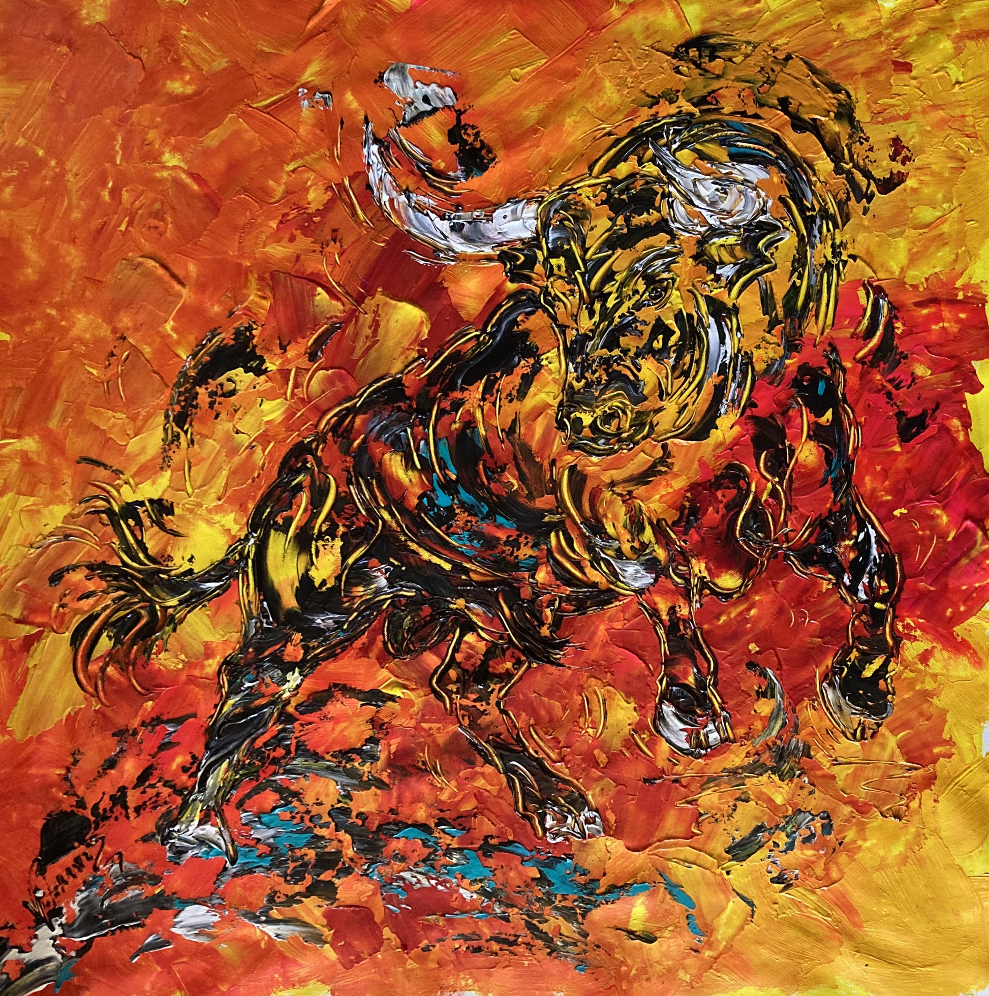 Tableau, taureau de combat espagnol, corrida, tauromachie, féria. Peinture sur toile format 70x70cm. Création Virginie Linard ©.