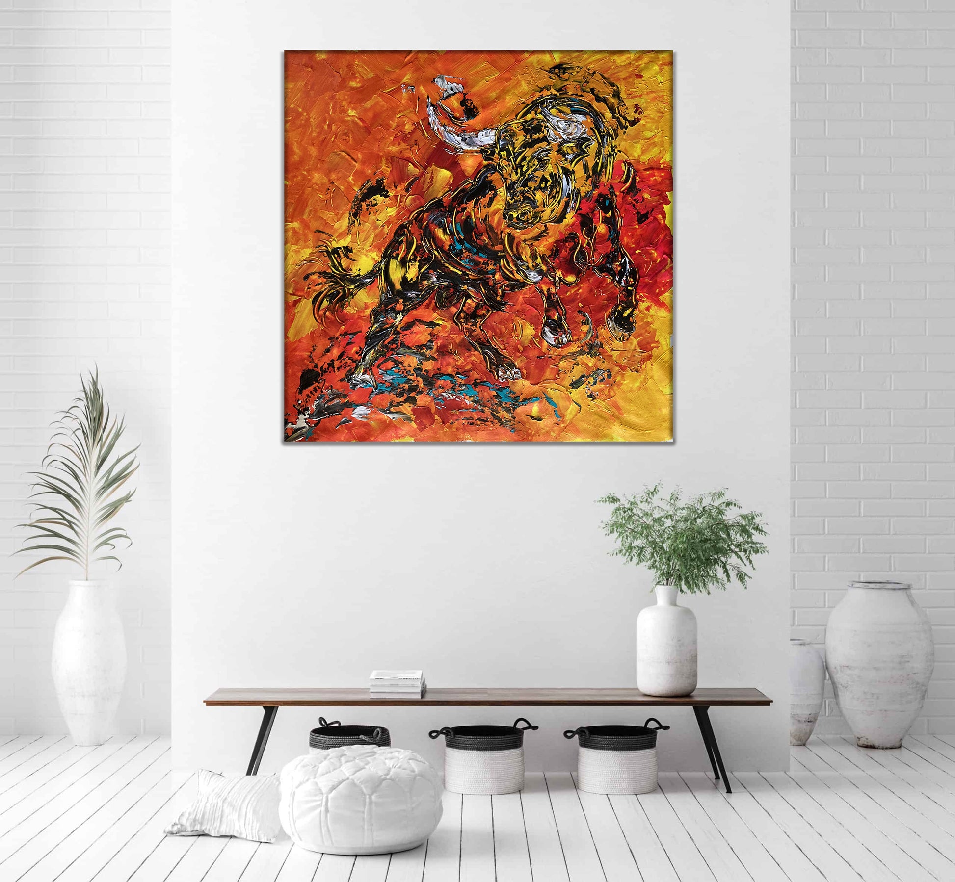 Tableau, taureau de combat espagnol, corrida, tauromachie, féria. Peinture sur toile format 70x70cm. Création Virginie Linard ©.