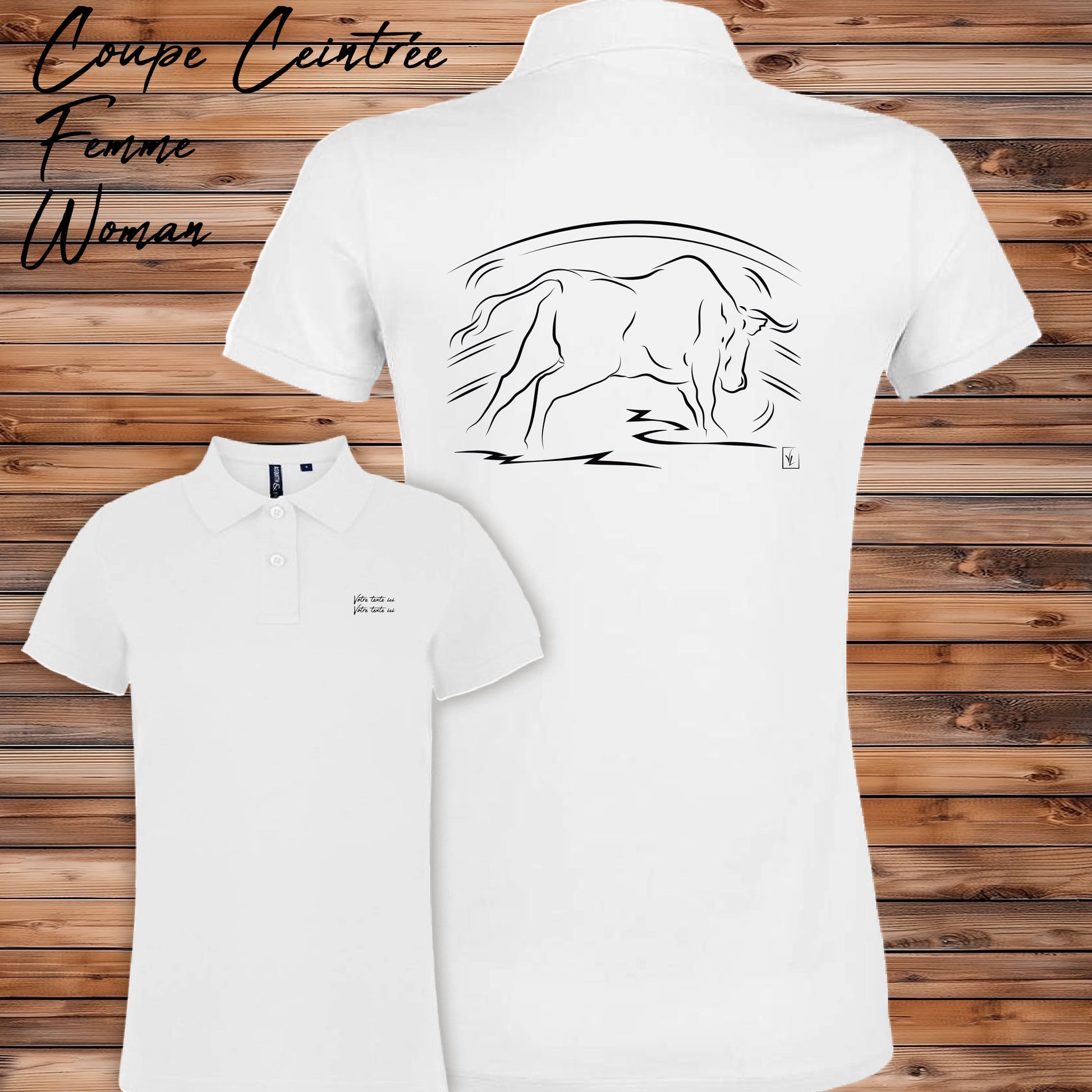 Taureau dans l'Arène de corrida tauromachie , graphisme sur Polo blanc femme à personnaliser avec du texte. Création Virginie Linard ©.