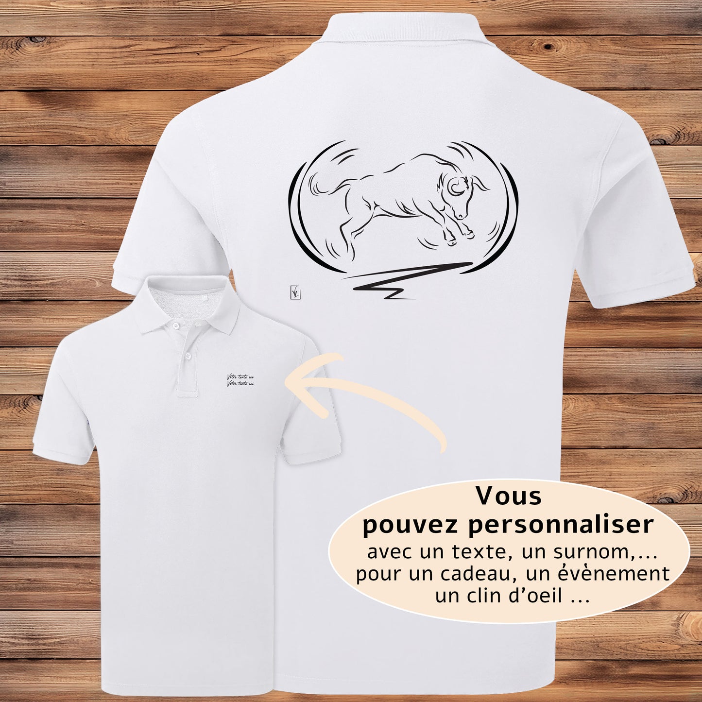 Taureau, tradition taurine, fête votive, graphisme sur polo blanc homme à personnaliser avec un texte. Création Virginie Linard ©.