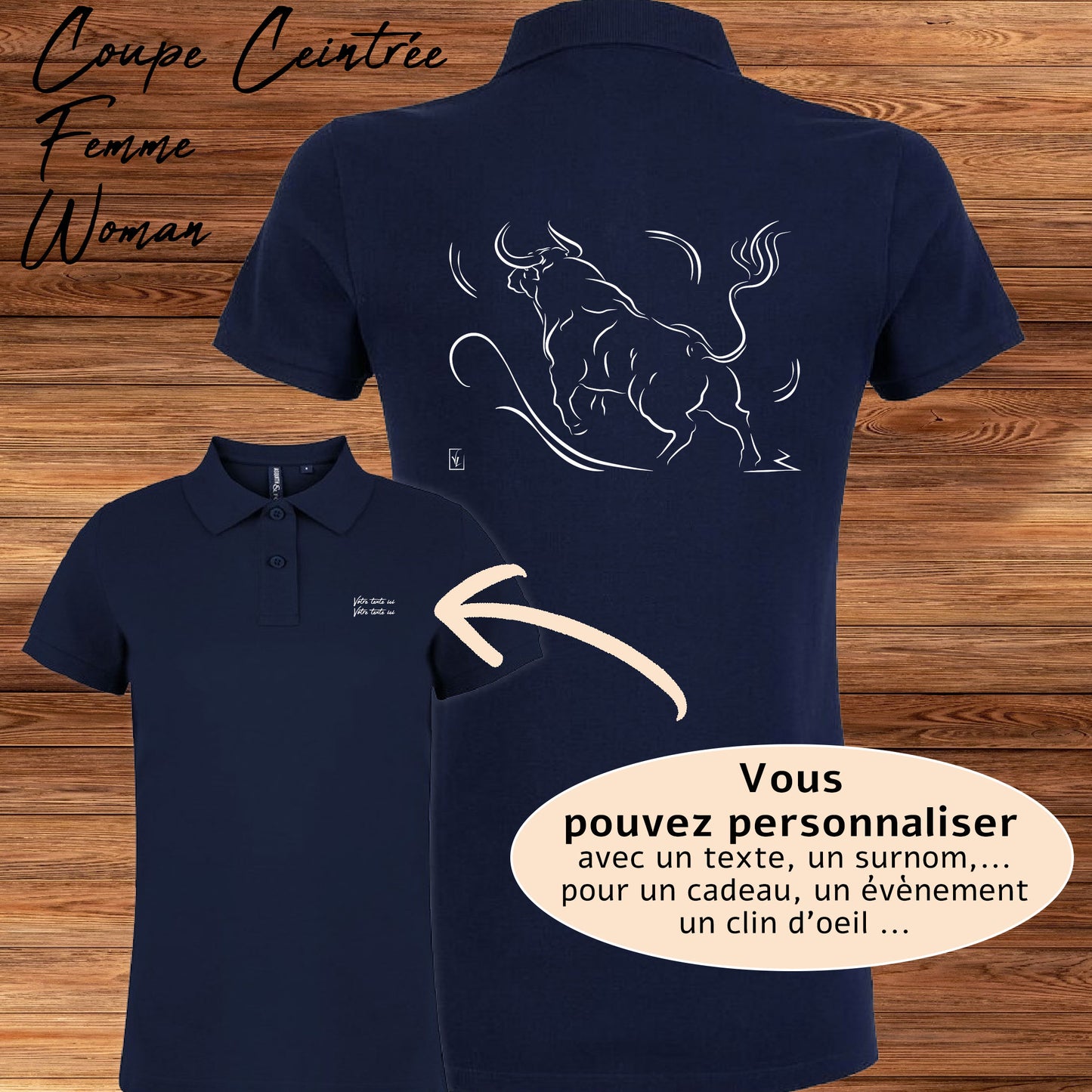 Taureau corrida tauromachie, graphisme sur polo bleu femme à personnaliser avec du texte. Création Virginie Linard ©.