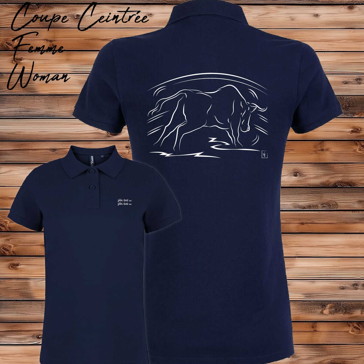 Taureau dans l'Arène de corrida tauromachie , graphisme sur Polo bleu femme à personnaliser avec du texte. Création Virginie Linard ©.