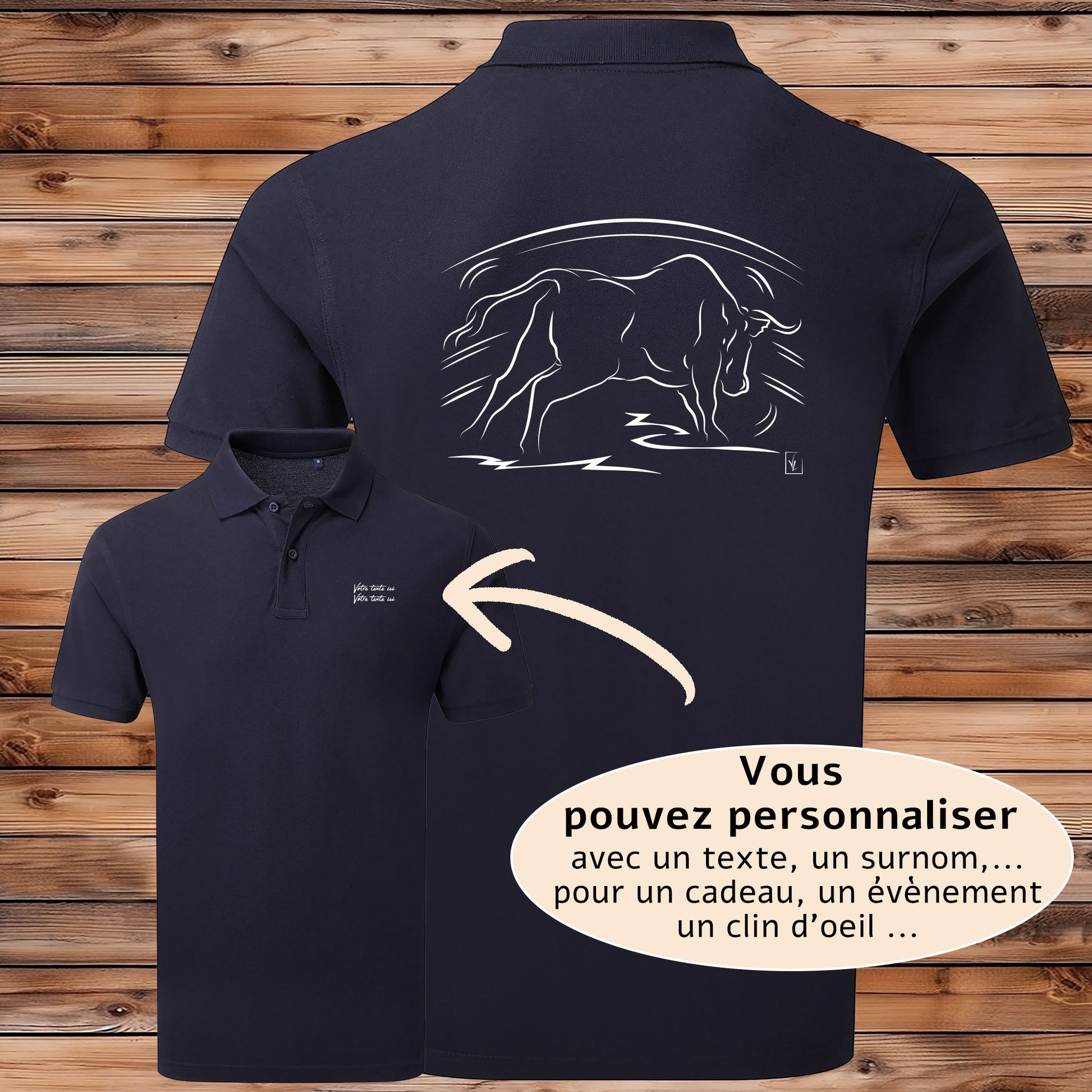 Taureau dans l'Arène de corrida tauromachie , graphisme sur Polo bleu homme à personnaliser avec du texte. Création Virginie Linard ©.