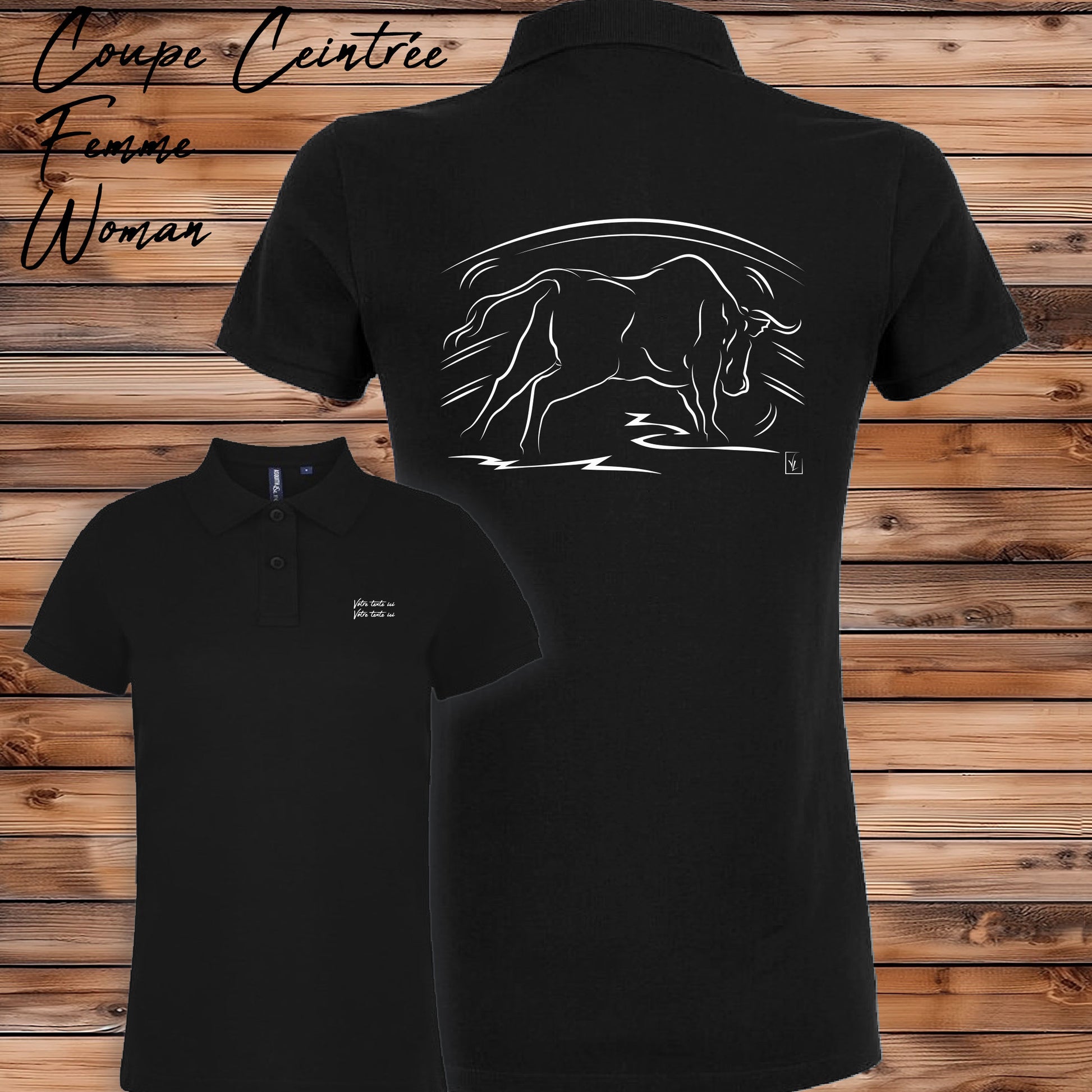 Taureau dans l'Arène de corrida tauromachie , graphisme sur Polo noir femme à personnaliser avec du texte. Création Virginie Linard ©.