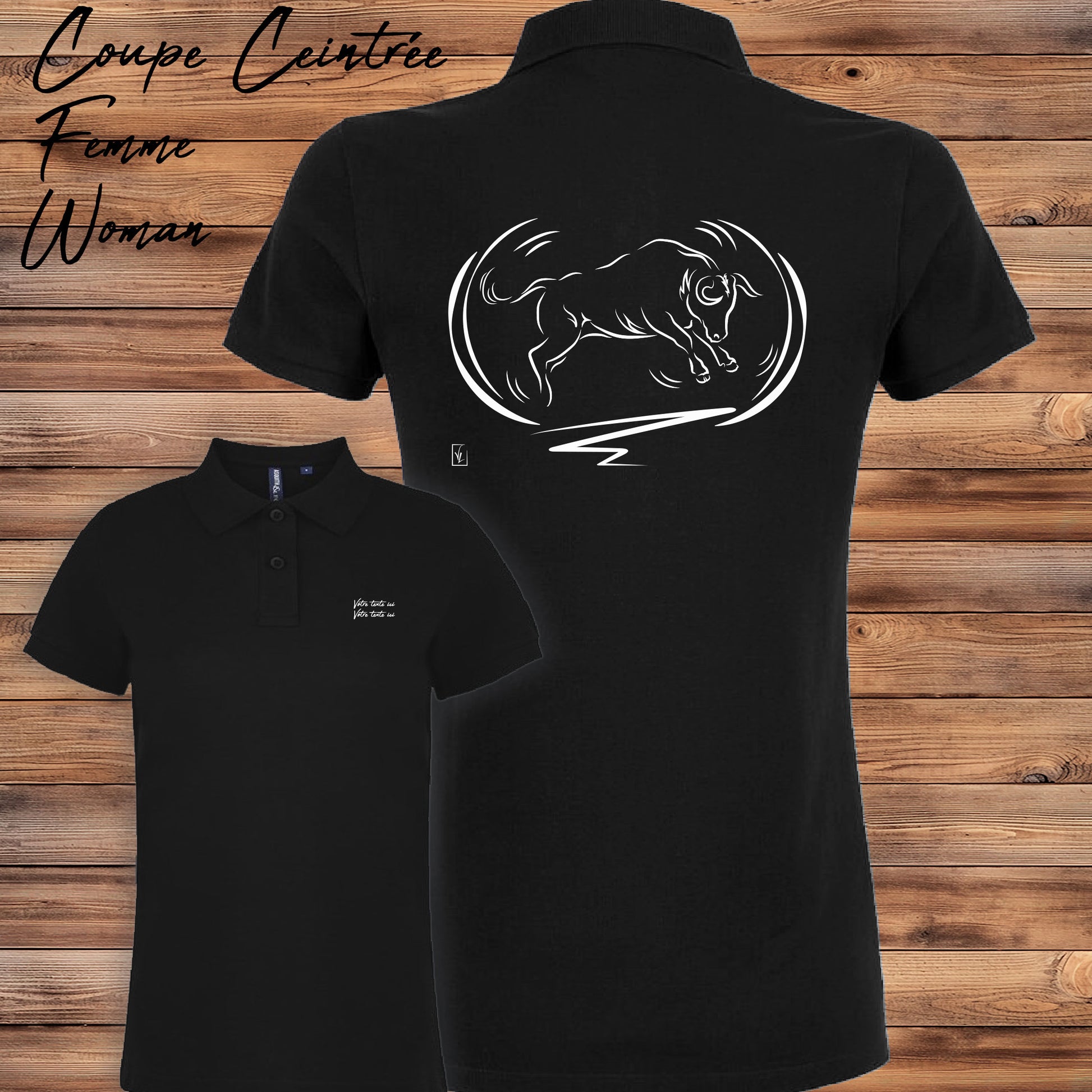 Taureau, tradition taurine, fête votive, graphisme sur polo noir femme à personnaliser avec un texte. Création Virginie Linard ©.
