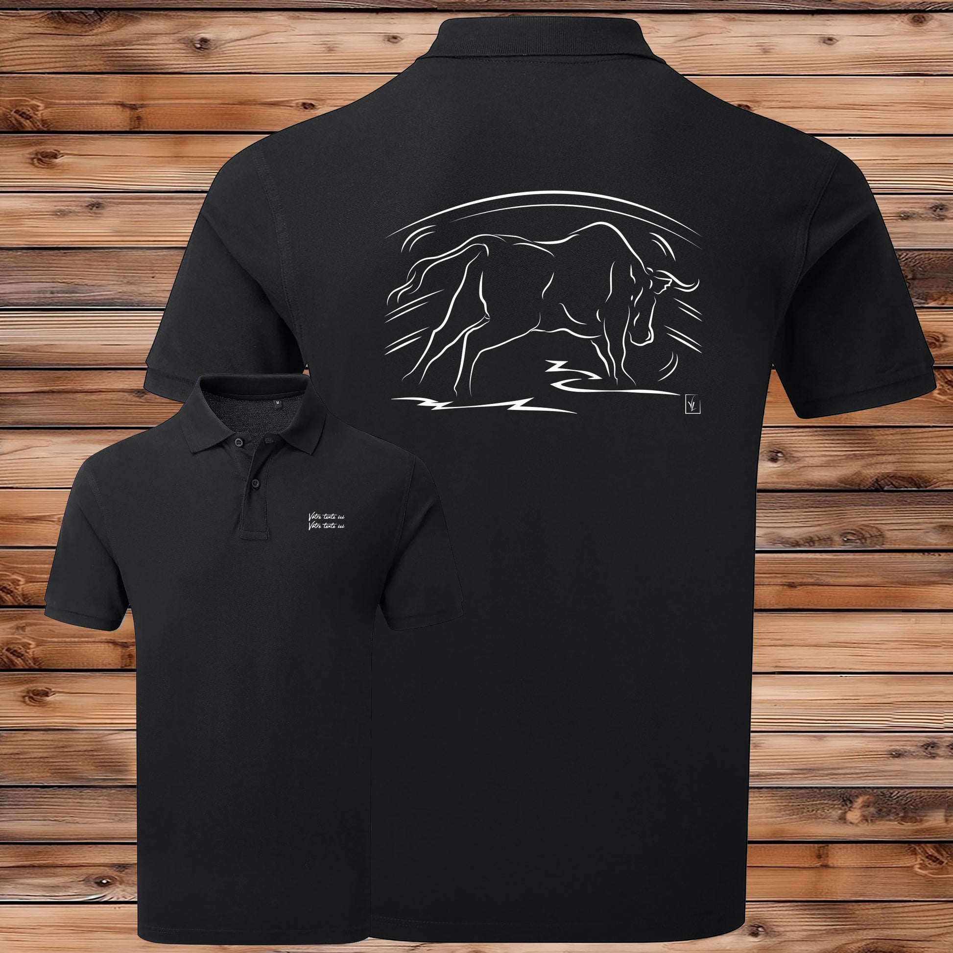 Taureau dans l'Arène de corrida tauromachie , graphisme sur Polo noir homme à personnaliser avec du texte. Création Virginie Linard ©.