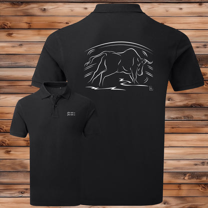 Taureau dans l'Arène de corrida tauromachie , graphisme sur Polo noir homme à personnaliser avec du texte. Création Virginie Linard ©.