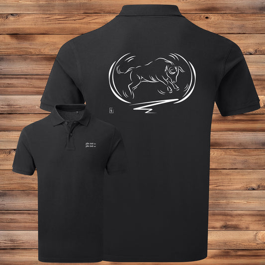 Taureau, tradition taurine, fête votive, graphisme sur polo noir homme à personnaliser avec un texte. Création Virginie Linard ©.