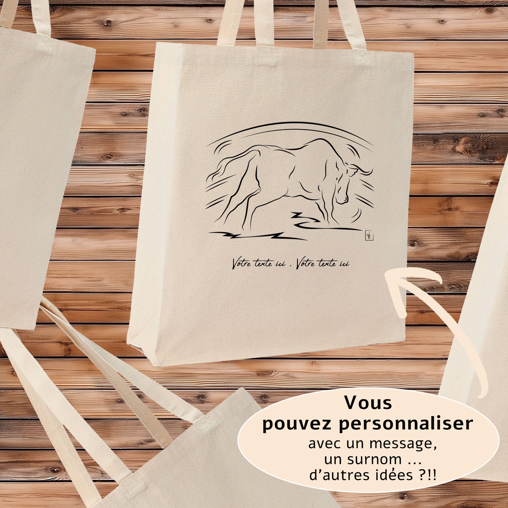 Taureau Corrida Tauromachie Arène, graphisme sur sac tote-bag beige à personnaliser avec du texte. Création Virginie Linard ©.