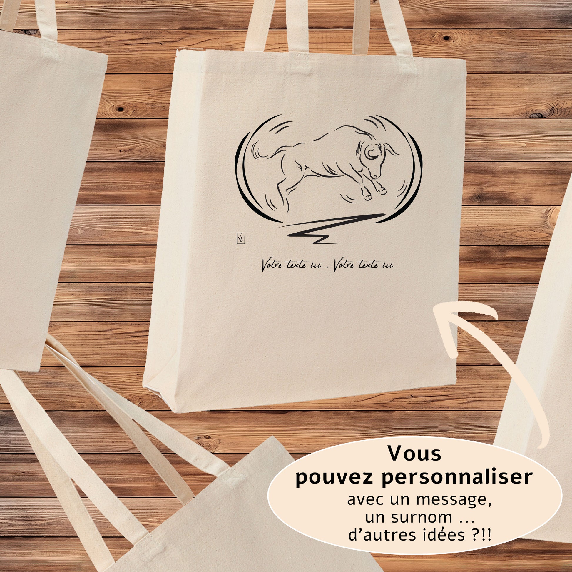 Taureau Camargue Corrida Tauromachie, graphisme sur sac tote-bag 21 litres beige, à personnaliser avec un texte. Création Virginie Linard ©.