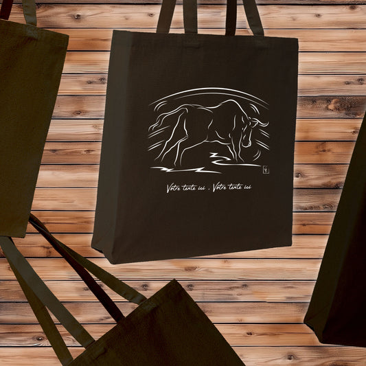 Taureau Corrida Tauromachie Arène, graphisme sur sac tote-bag noir à personnaliser avec du texte. Création Virginie Linard ©.