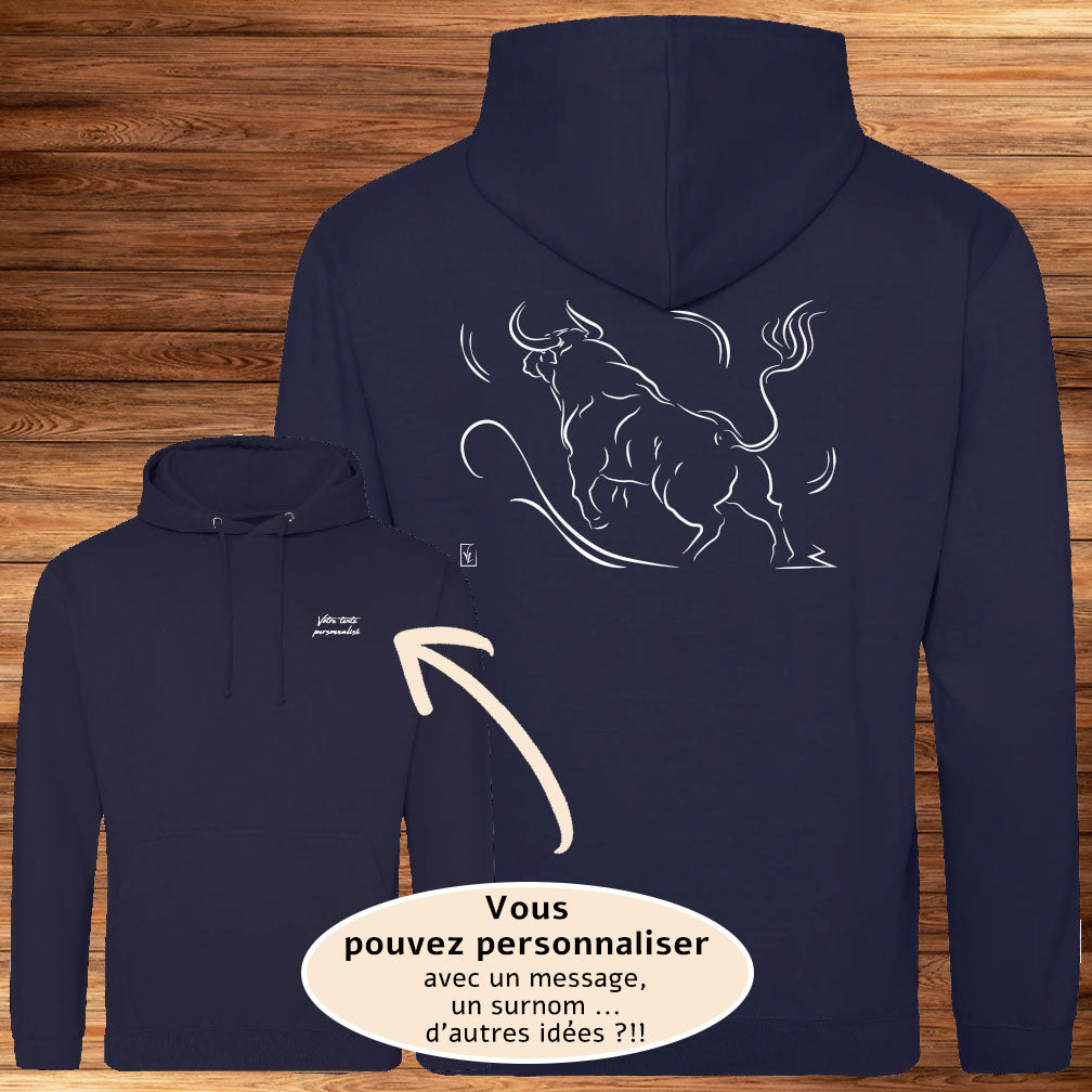 Taureau Corrida Tauromachie de dos, graphisme sur Sweat-shirt à personnaliser avec un texte. Création Virginie Linard ©.