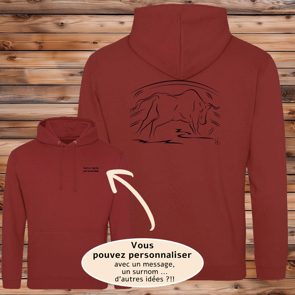 Taureau Espagnol Corrida Tauromachie dans l'Arène, Graphisme sur sweat-shirt brique à personnaliser avec un texte. Création Virginie Linard ©.