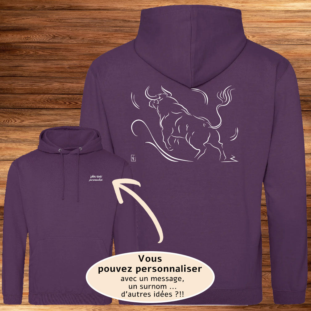 Taureau Corrida Tauromachie de dos, graphisme sur Sweat-shirt à personnaliser avec un texte. Création Virginie Linard ©.