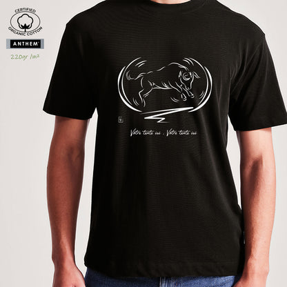 Taureau en mouvement Corrida Tauromachie espagnol sur T-shirt noir biologique épais 220g. Création Virginie Linard ©.