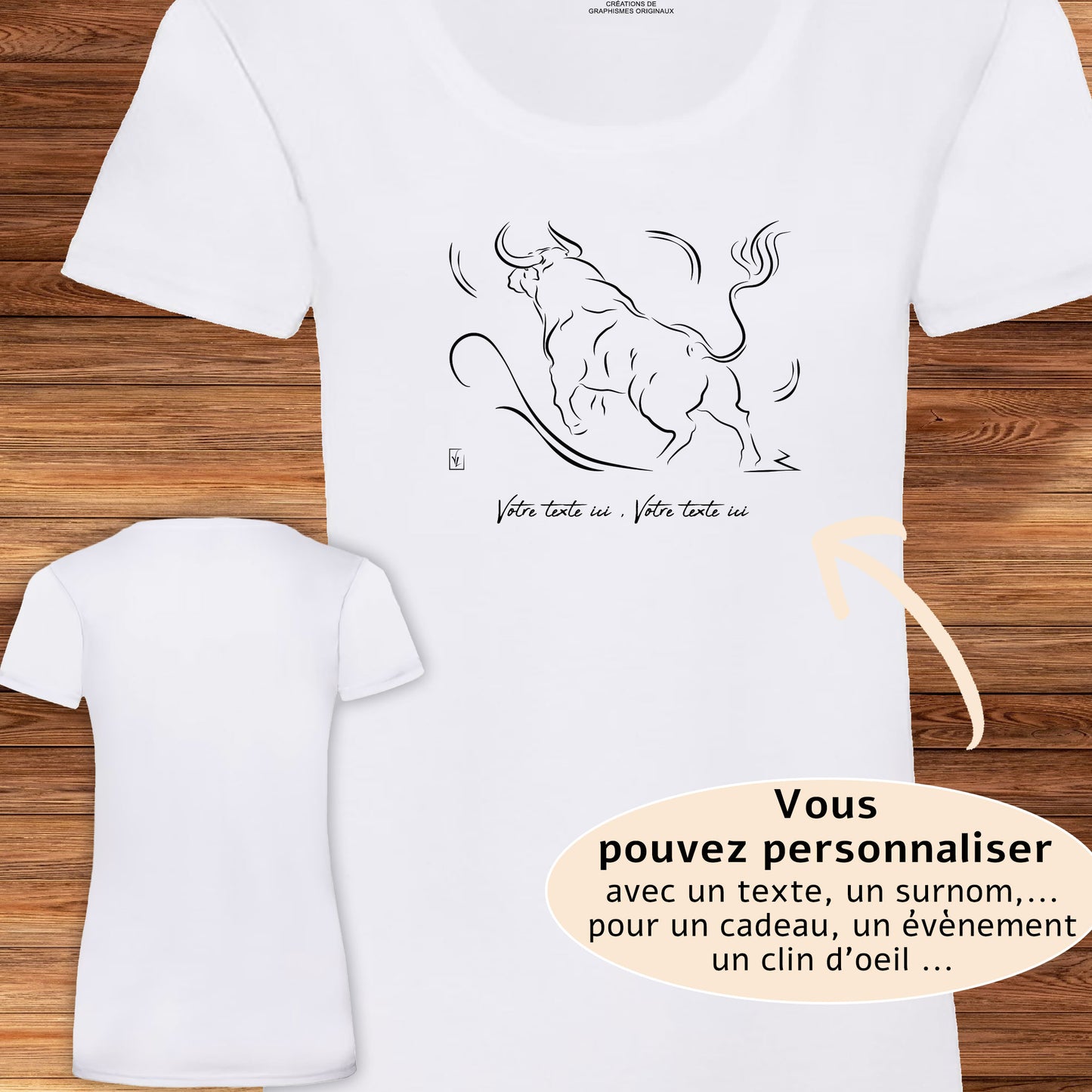 Taureau de Corrida Tauromachie sur T-shirt blanc femme à personnaliser avec un texte. Création Virginie Linard ©.