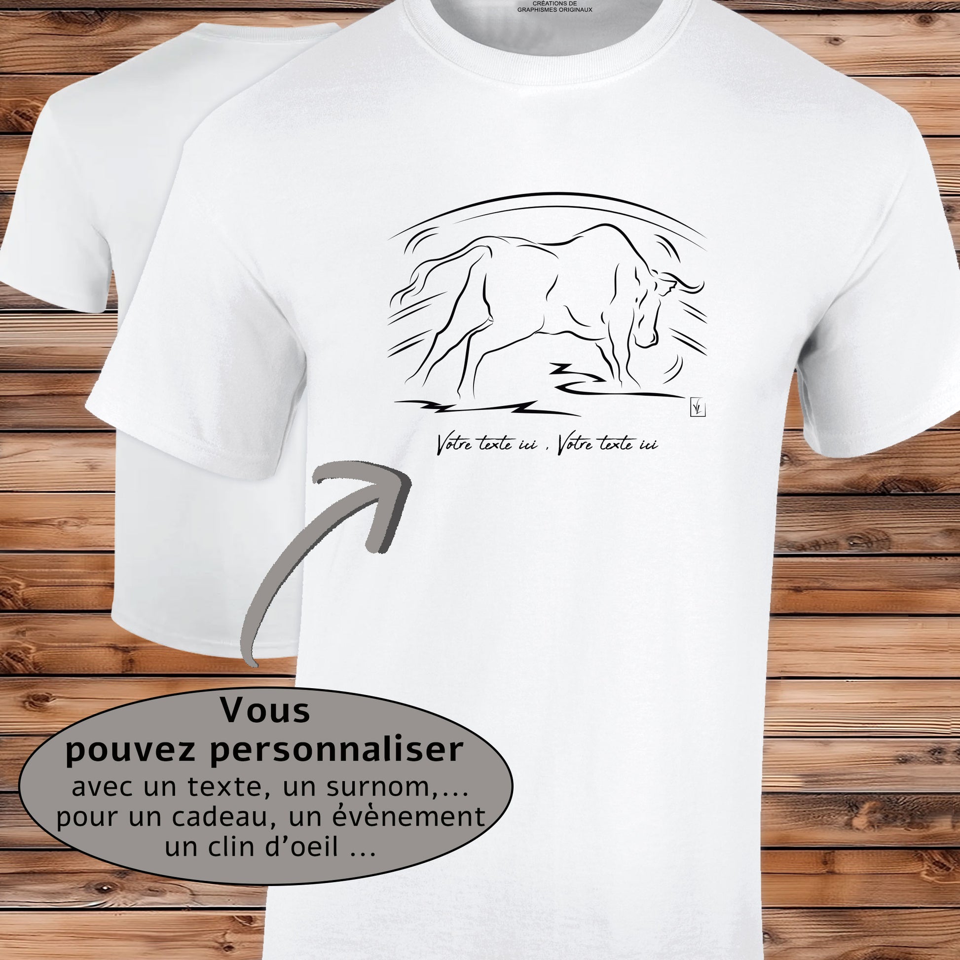 Taureau Espagnol Corrida Tauromachie dans l'Arène, Graphisme sur T-shirt blanc homme à personnaliser avec un texte. Création Virginie Linard ©.