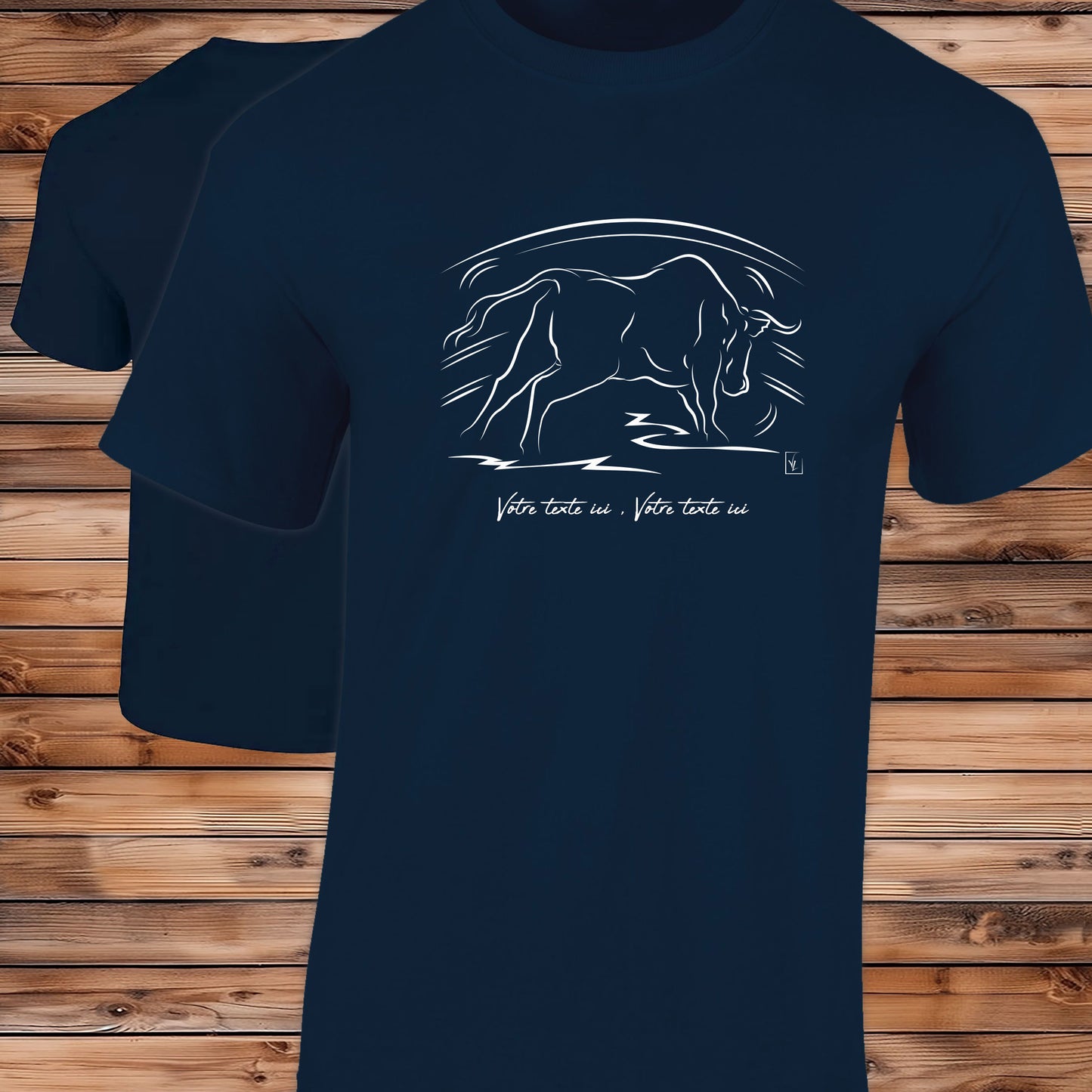Taureau Espagnol Corrida Tauromachie dans l'Arène, Graphisme sur T-shirt bleu homme à personnaliser avec un texte. Création Virginie Linard ©.