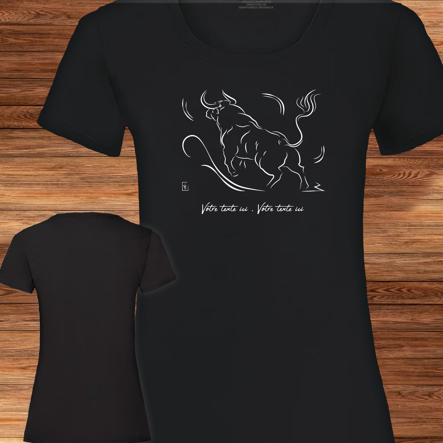 Taureau de Corrida Tauromachie sur T-shirt noir femme à personnaliser avec un texte. Création Virginie Linard ©.