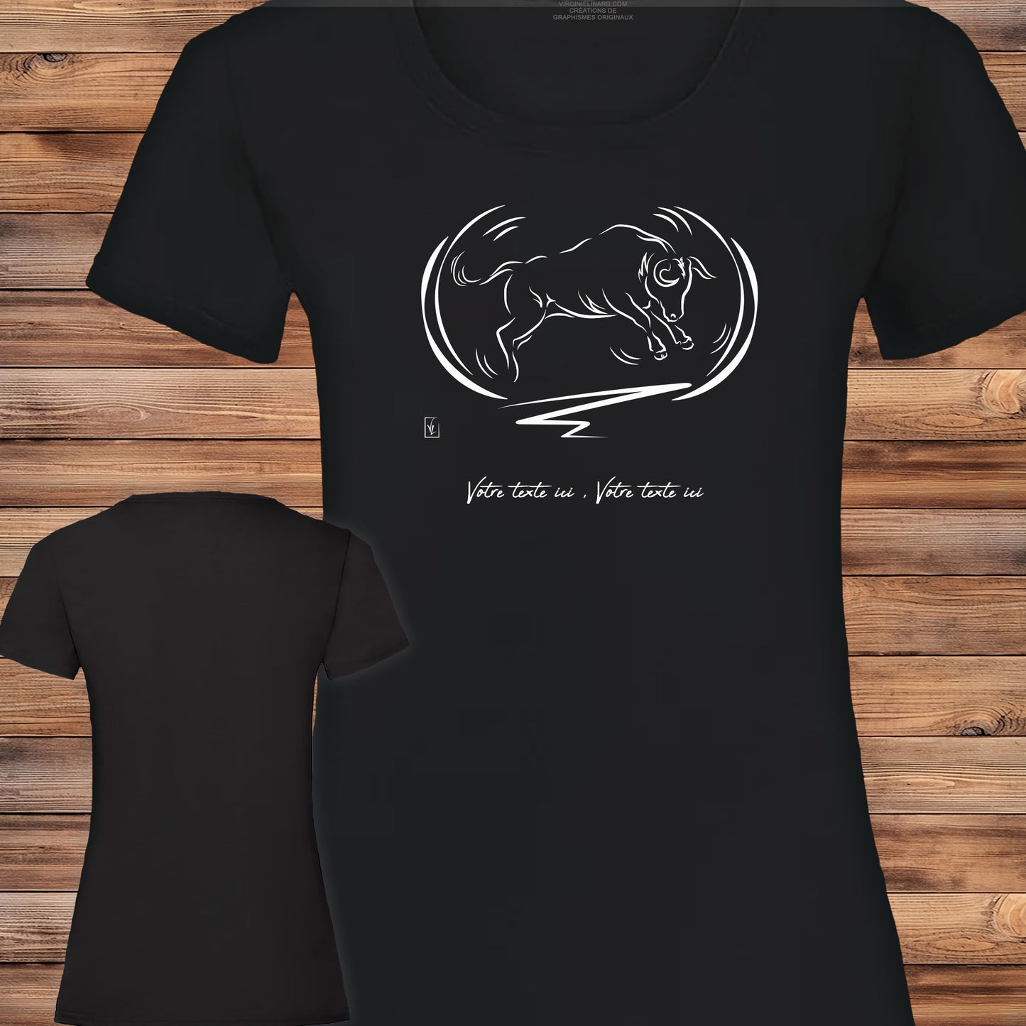 Taureau Corrida Tauromachie Camargue, graphisme sur T-shirt noir femme à personnaliser avec du texte. Création Virginie Linard ©.