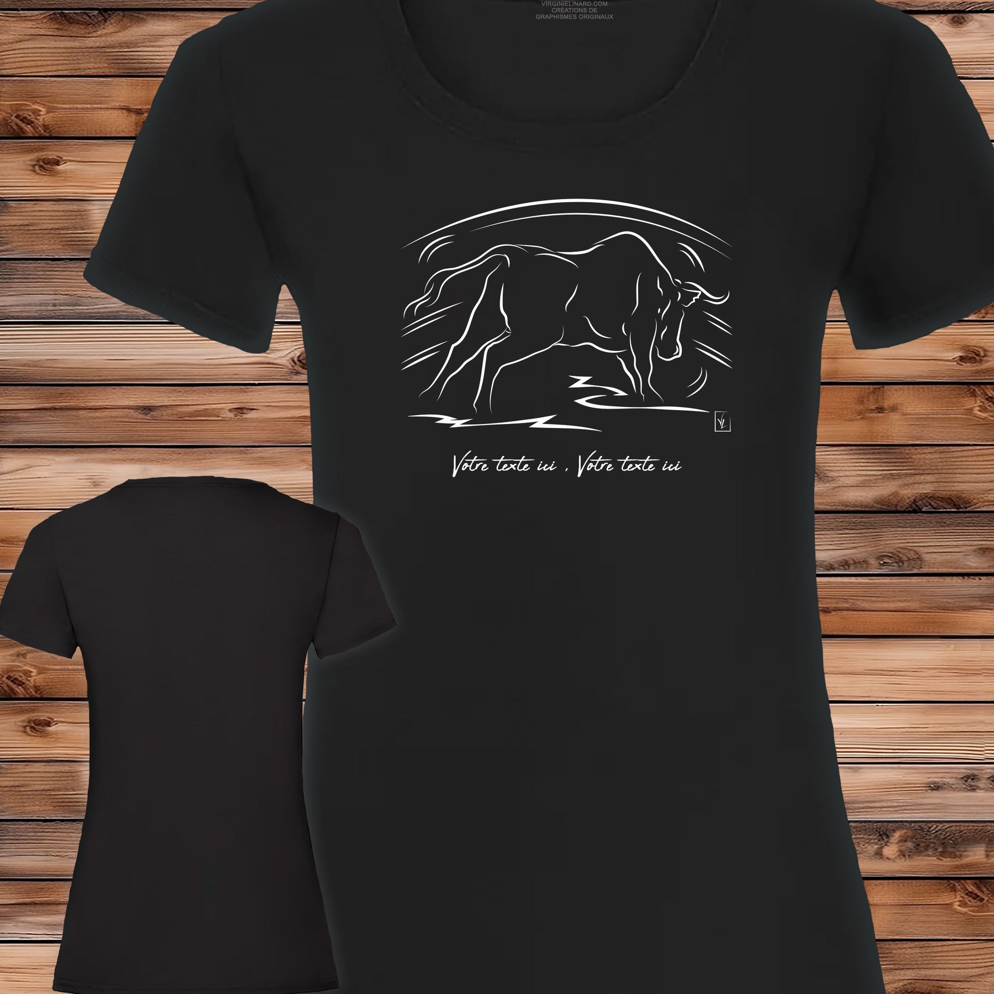 Taureau Espagnol Corrida Tauromachie dans l'Arène, Graphisme sur T-shirt noir femme à personnaliser avec un texte. Création Virginie Linard ©.