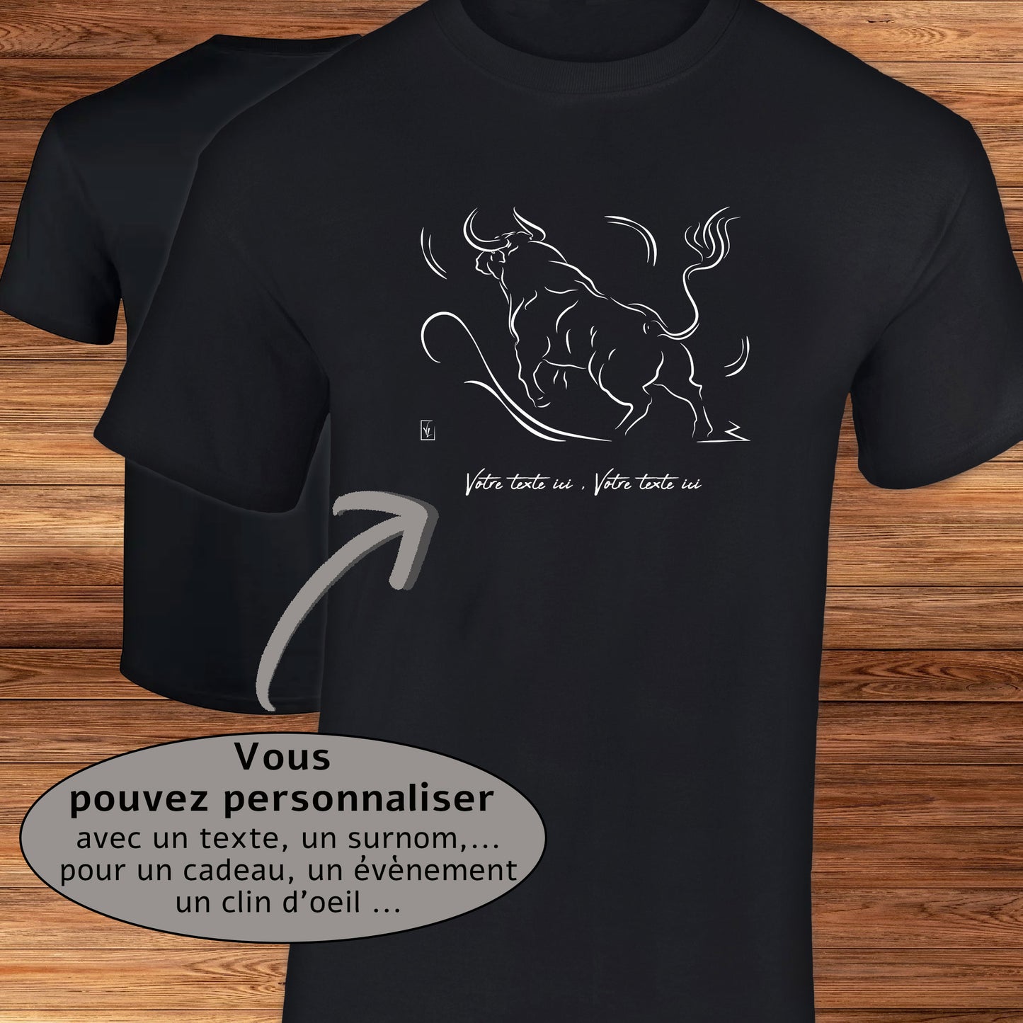Taureau de Corrida Tauromachie sur T-shirt noir homme à personnaliser avec un texte. Création Virginie Linard ©.