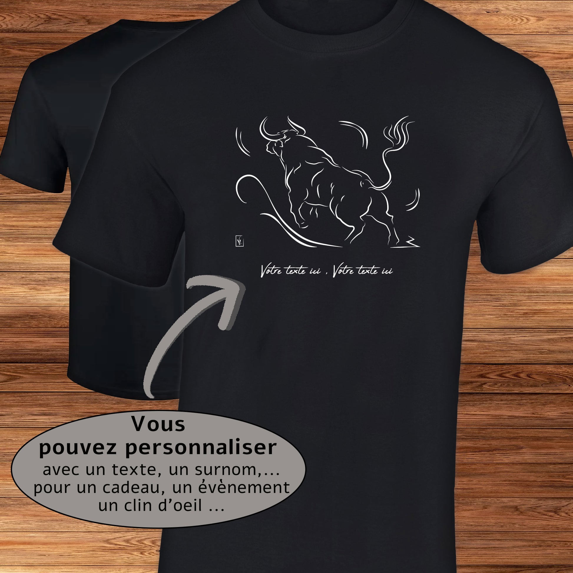 Taureau de Corrida Tauromachie sur T-shirt noir homme à personnaliser avec un texte. Création Virginie Linard ©.